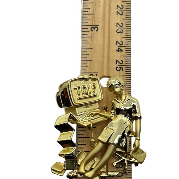 Brooch Lapel Pin TGIF Computer Overworked Career 19902 Gold Tone Danecraft Women - Picture 10 of 16